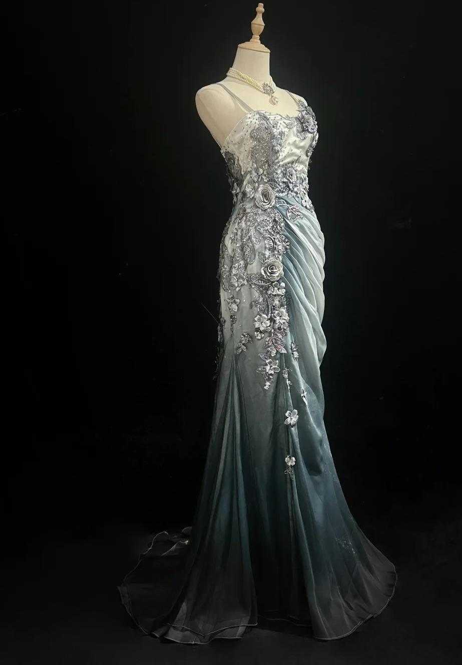 Elegant Chiffon Mermaid Gown for Prom&Party Spaghetti Strap Sequined Applique Evening Gown