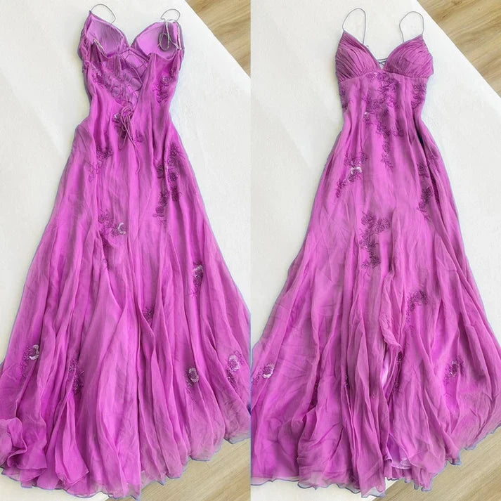 Pretty Spaghetti Straps V-neck Beaded Backless Prom Dresses Party Dresses ED01485