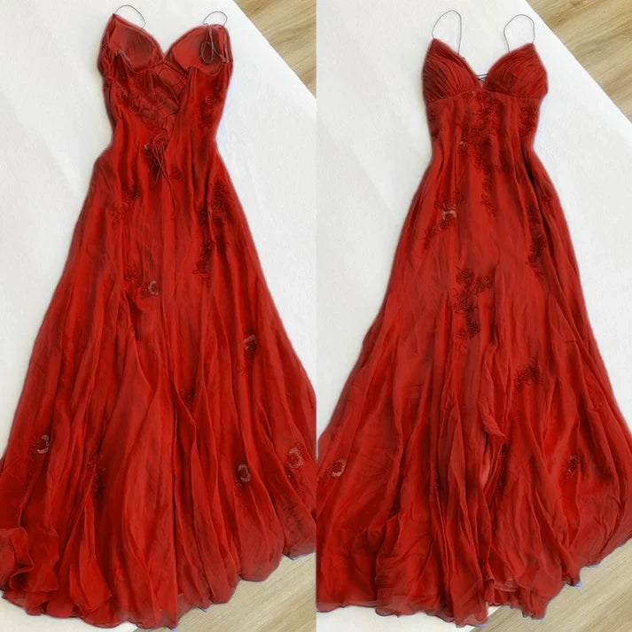 Pretty Spaghetti Straps V-neck Beaded Backless Prom Dresses Party Dresses ED01485