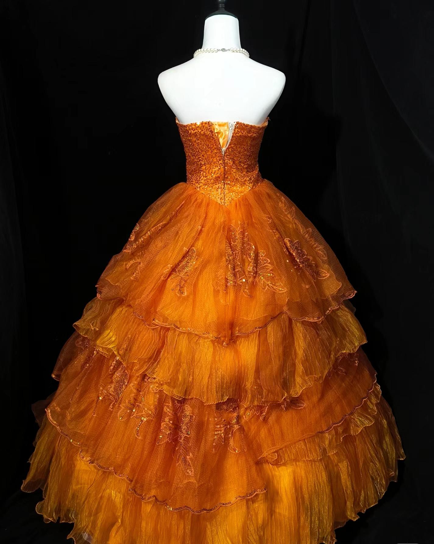 Retro Orange A-Line Strapless Tulle Sequin Long Prom Dress Gorgeous Sweet 16 Dress Quinceanera Dress ED01650