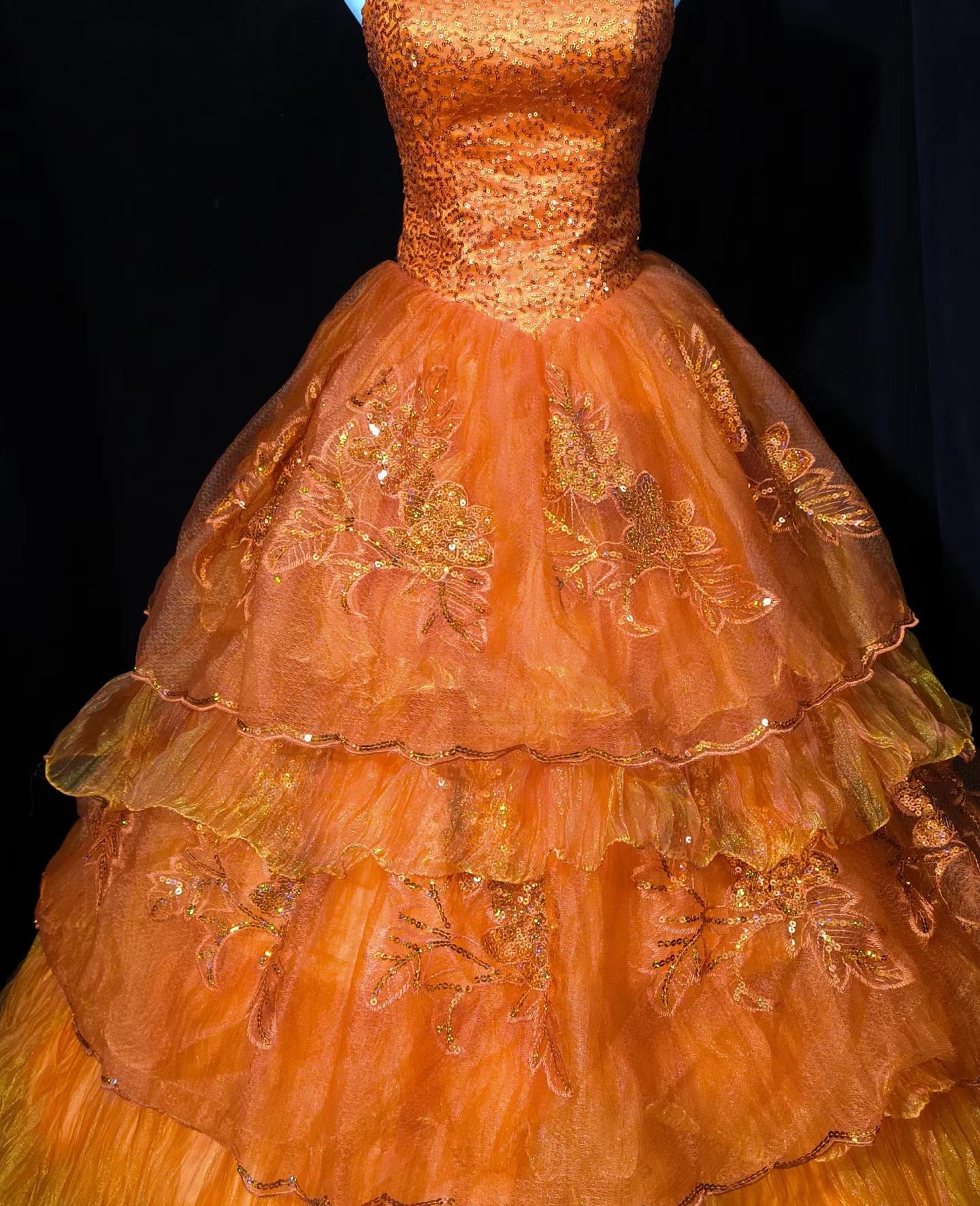Retro Orange A-Line Strapless Tulle Sequin Long Prom Dress Gorgeous Sweet 16 Dress Quinceanera Dress ED01650