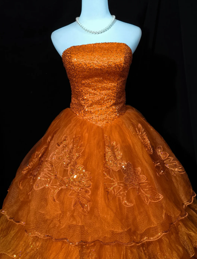 Retro Orange A-Line Strapless Tulle Sequin Long Prom Dress Gorgeous Sweet 16 Dress Quinceanera Dress ED01650