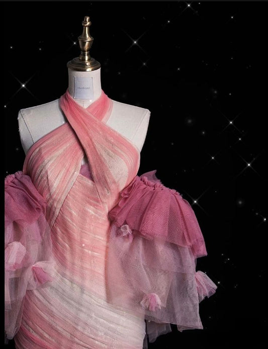 Rosa Meerjungfrau Neckholder Tüll Langes Ballkleid Sweet 16 Kleid ED01653