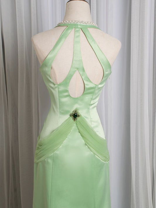 Vintage Light Green Mermaid Halter Satin Beaded Long Prom Dress ED01658