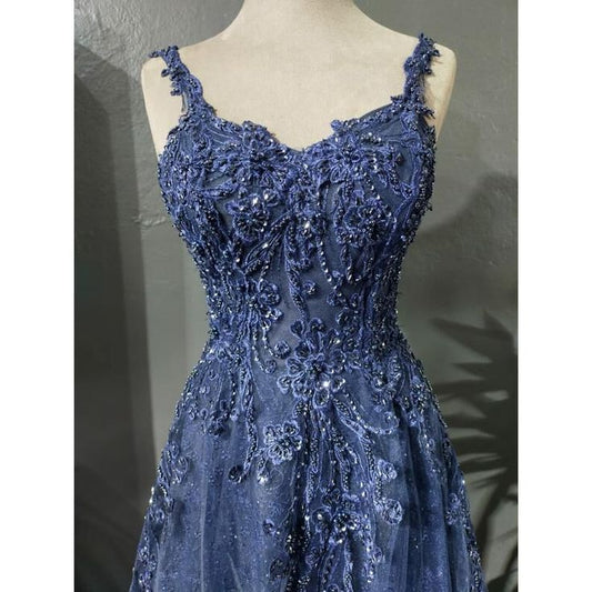 Robe de bal longue en tulle gris bleu, coupe trapèze, bretelles spaghetti, perles, appliques, robe de remise de diplôme ED01659