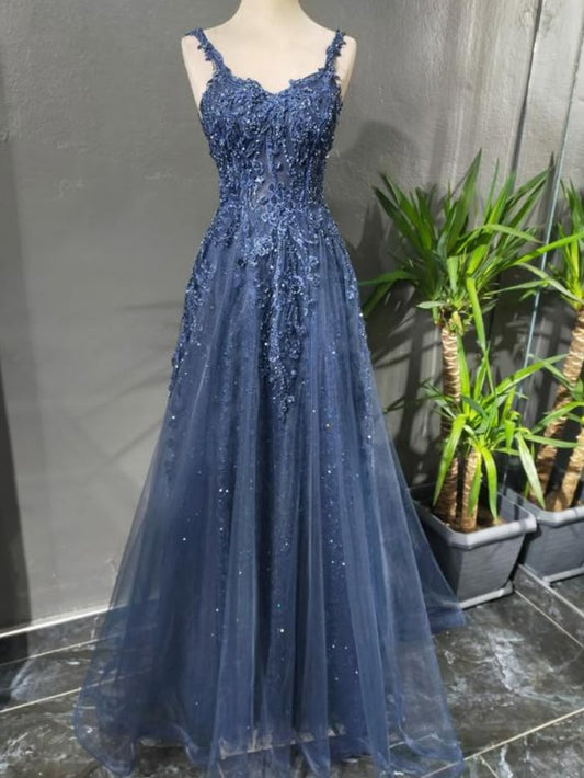 Robe de bal longue en tulle gris bleu, coupe trapèze, bretelles spaghetti, perles, appliques, robe de remise de diplôme ED01659