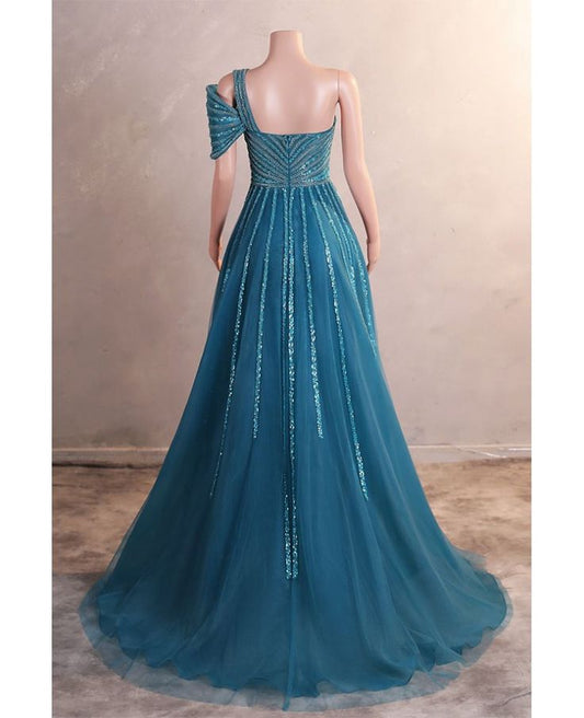 Robe de bal longue en tulle et perles, asymétrique, coupe trapèze, élégante, ED01660
