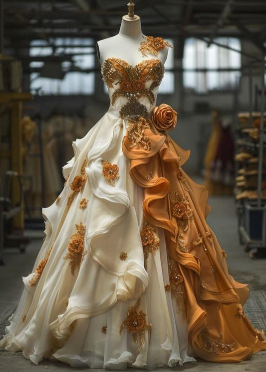 Gorgeous A-Line Sweetheart Chiffon Beaded Long Prom Dress Strapless Applique Wedding Dress Evening Dress ED01662