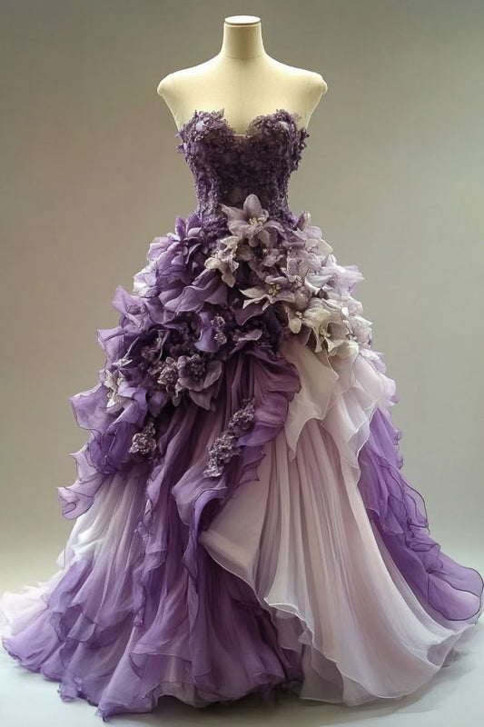 Robe de soirée longue vintage violette trapèze en mousseline de soie avec perles et décolleté en cœur, ED01663