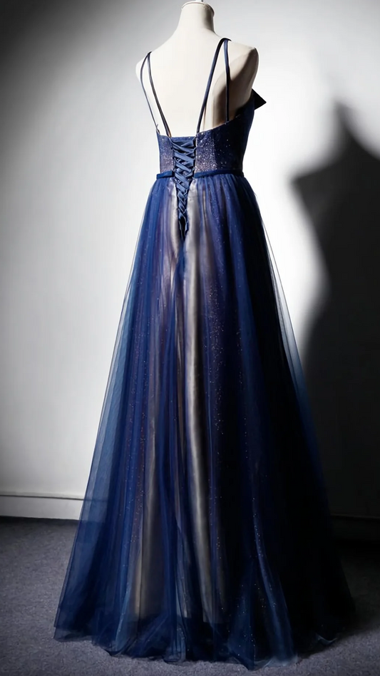 Robe de bal longue bleu marine en tulle à col en V et à lacets pour femme ED01664