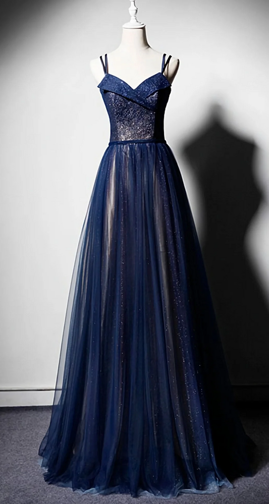 Robe de bal longue bleu marine en tulle à col en V et à lacets pour femme ED01664