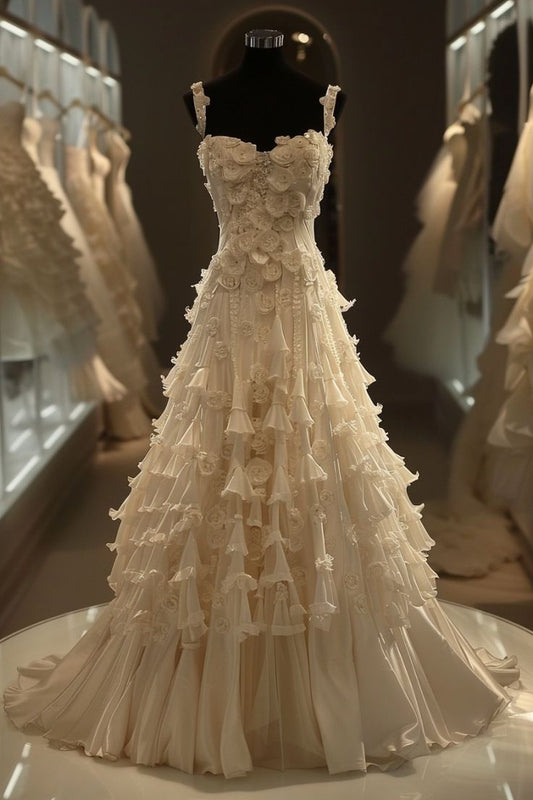 Robe de mariée longue blanche en satin et mousseline de soie, coupe trapèze, bretelles spaghetti, avec appliques perlées, robe de bal simple ED01667