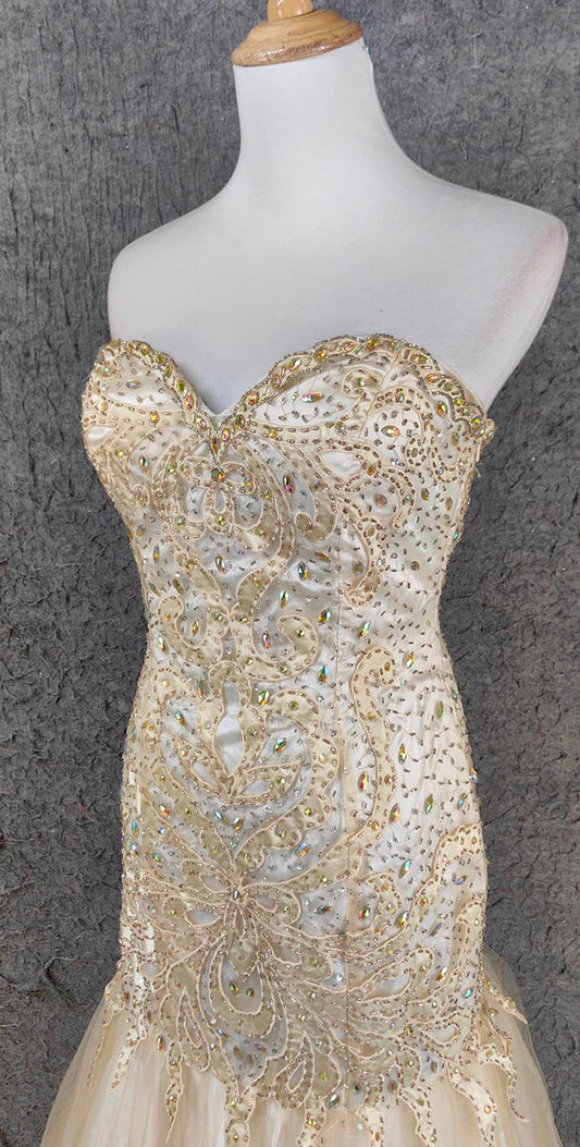 Robe de soirée longue style sirène champagne clair, décolleté en cœur, tulle perlé, style vintage ED01670