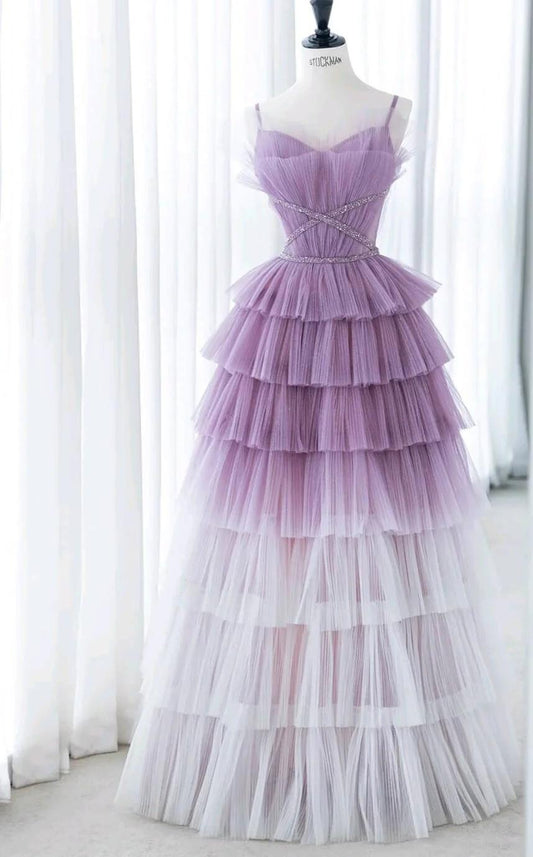 Robe de bal longue en tulle à paillettes et bretelles spaghetti, dégradé violet, pour anniversaire et remise de diplôme, ED01672