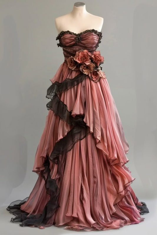 Robe de bal longue rose en mousseline de soie et tulle, coupe trapèze, sans bretelles, style vintage, avec appliques, ED01675