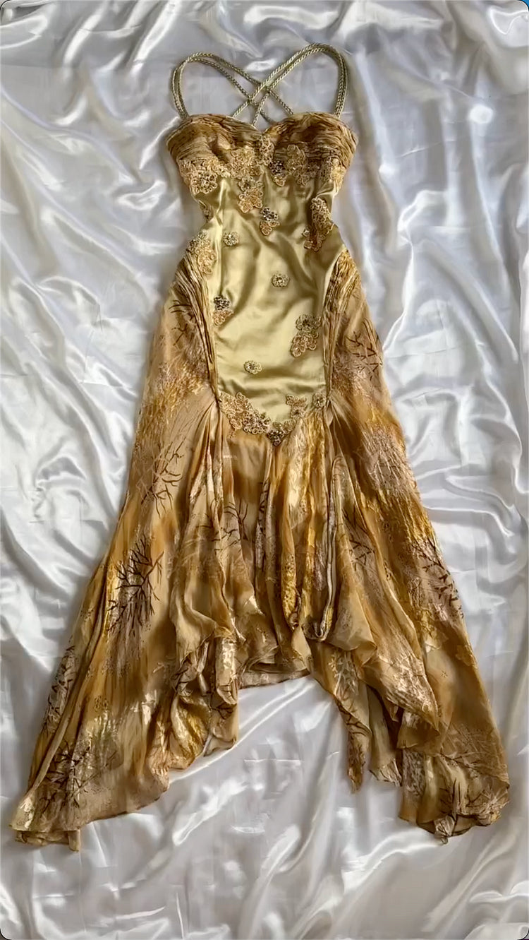 Gold Vintage Floral Satin Applique Spaghetti Straps Chiffon Prom Dress EvaFashionDress Gold Vintage Floral Satin Applique Spaghetti Straps Chiffon Prom Dress EvaFashionDress