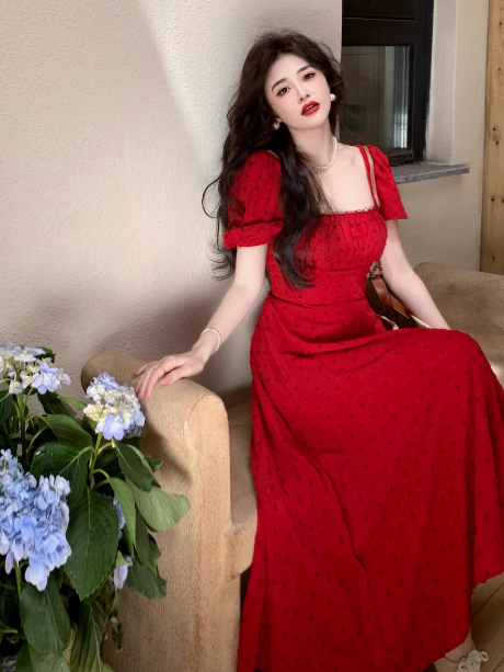 Französisches Retro-Kleid mit quadratischem Ausschnitt und schmaler Taille, bedruckt, Urlaubskleid am Meer, ED0167