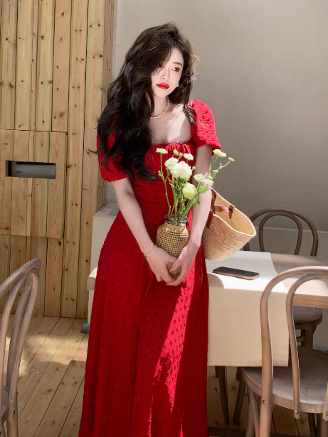 Französisches Retro-Kleid mit quadratischem Ausschnitt und schmaler Taille, bedruckt, Urlaubskleid am Meer, ED0167