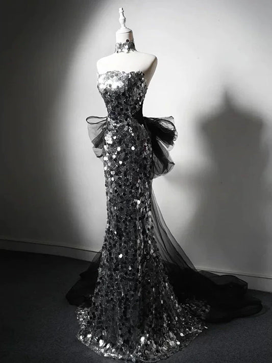 Schlichtes silbernes Meerjungfrau-Kleid, trägerlos, Pailletten, Tüll, lang, Ballkleid, formelles Abendkleid ED01680