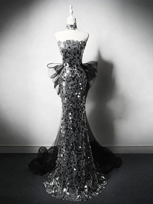 Schlichtes silbernes Meerjungfrau-Kleid, trägerlos, Pailletten, Tüll, lang, Ballkleid, formelles Abendkleid ED01680