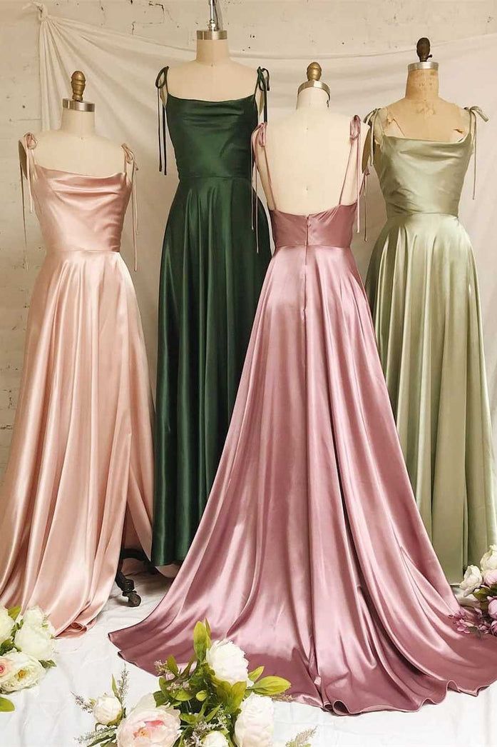 Spaghettiträger A-Linie Satin Schlichtes langes Ballkleid Brautjungfernkleid ED01683