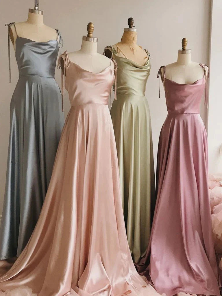 Spaghettiträger A-Linie Satin Schlichtes langes Ballkleid Brautjungfernkleid ED01683