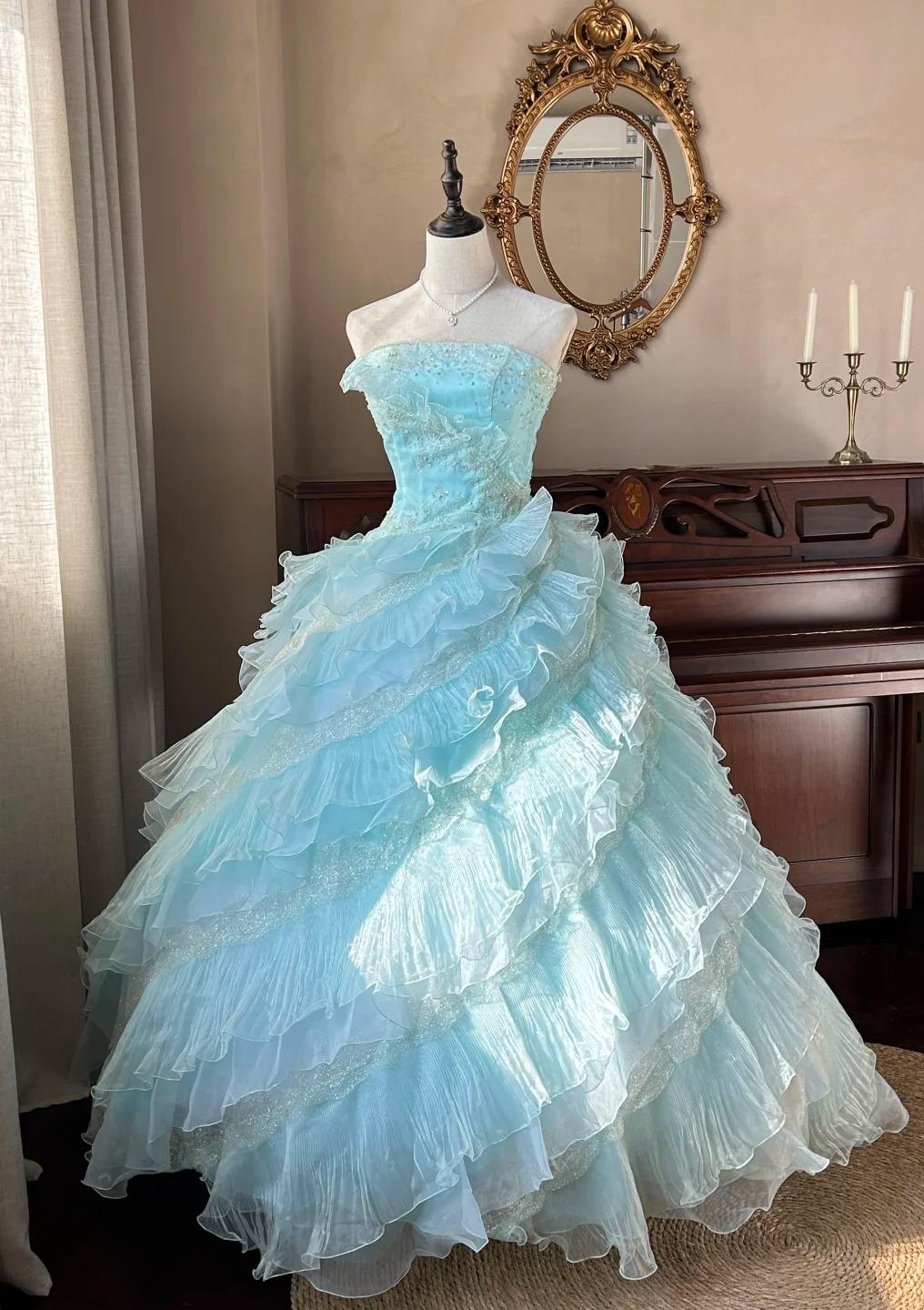 Robe de bal longue bleu ciel, coupe trapèze, sans bretelles, en tulle, perlée, à paillettes et à plusieurs niveaux, pour adulte, ED01684