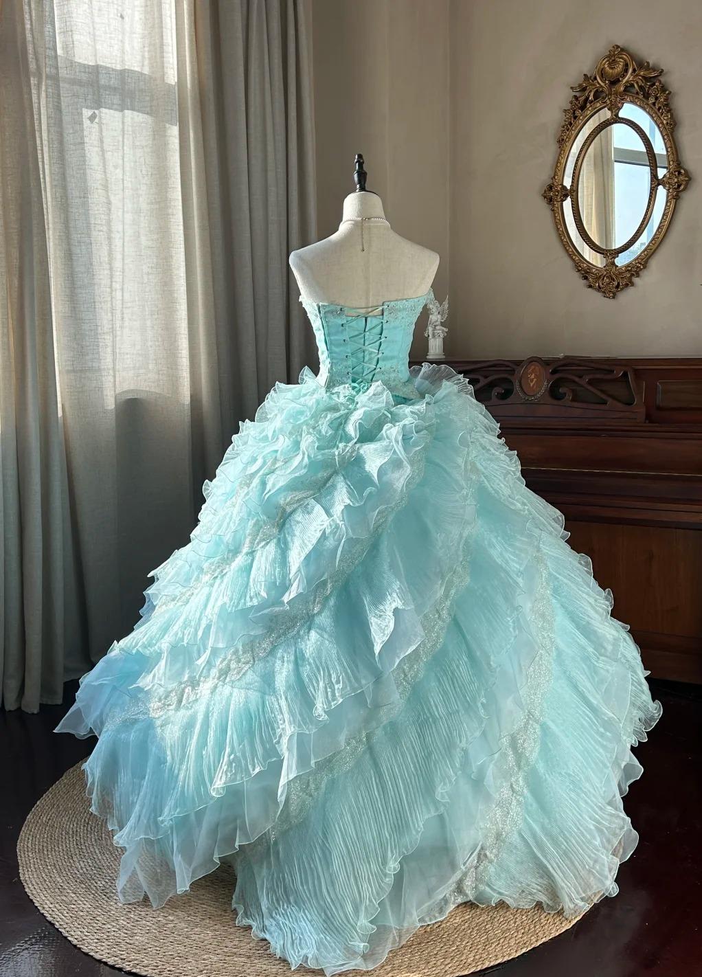 Robe de bal longue bleu ciel, coupe trapèze, sans bretelles, en tulle, perlée, à paillettes et à plusieurs niveaux, pour adulte, ED01684