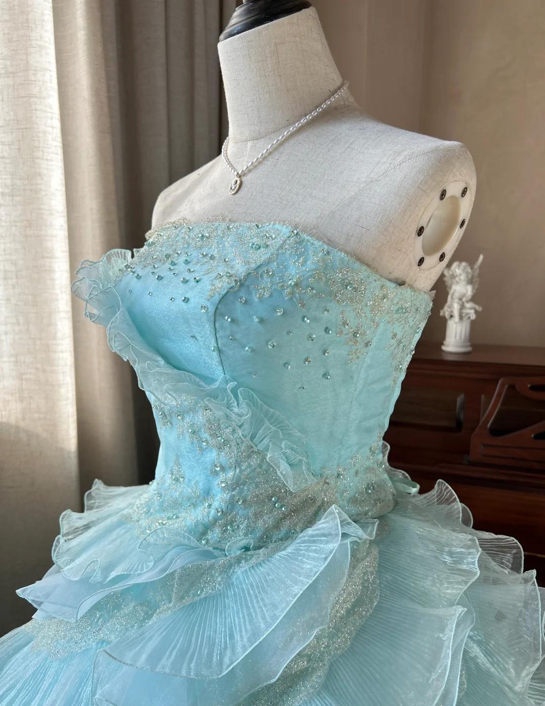 Robe de bal longue bleu ciel, coupe trapèze, sans bretelles, en tulle, perlée, à paillettes et à plusieurs niveaux, pour adulte, ED01684