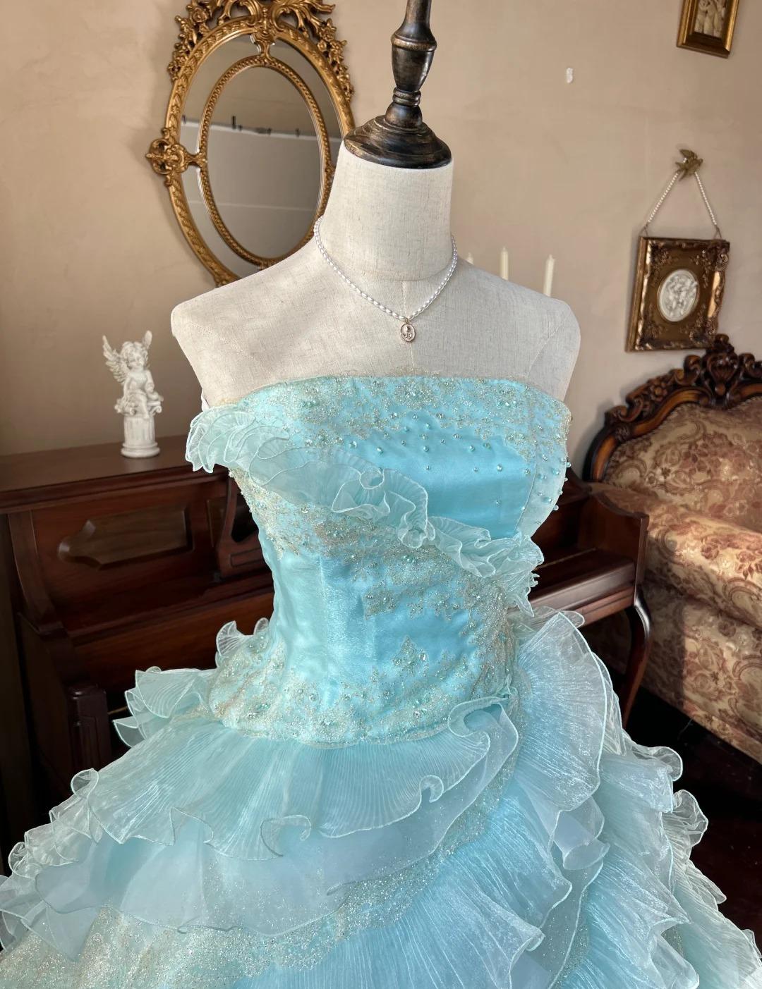Robe de bal longue bleu ciel, coupe trapèze, sans bretelles, en tulle, perlée, à paillettes et à plusieurs niveaux, pour adulte, ED01684