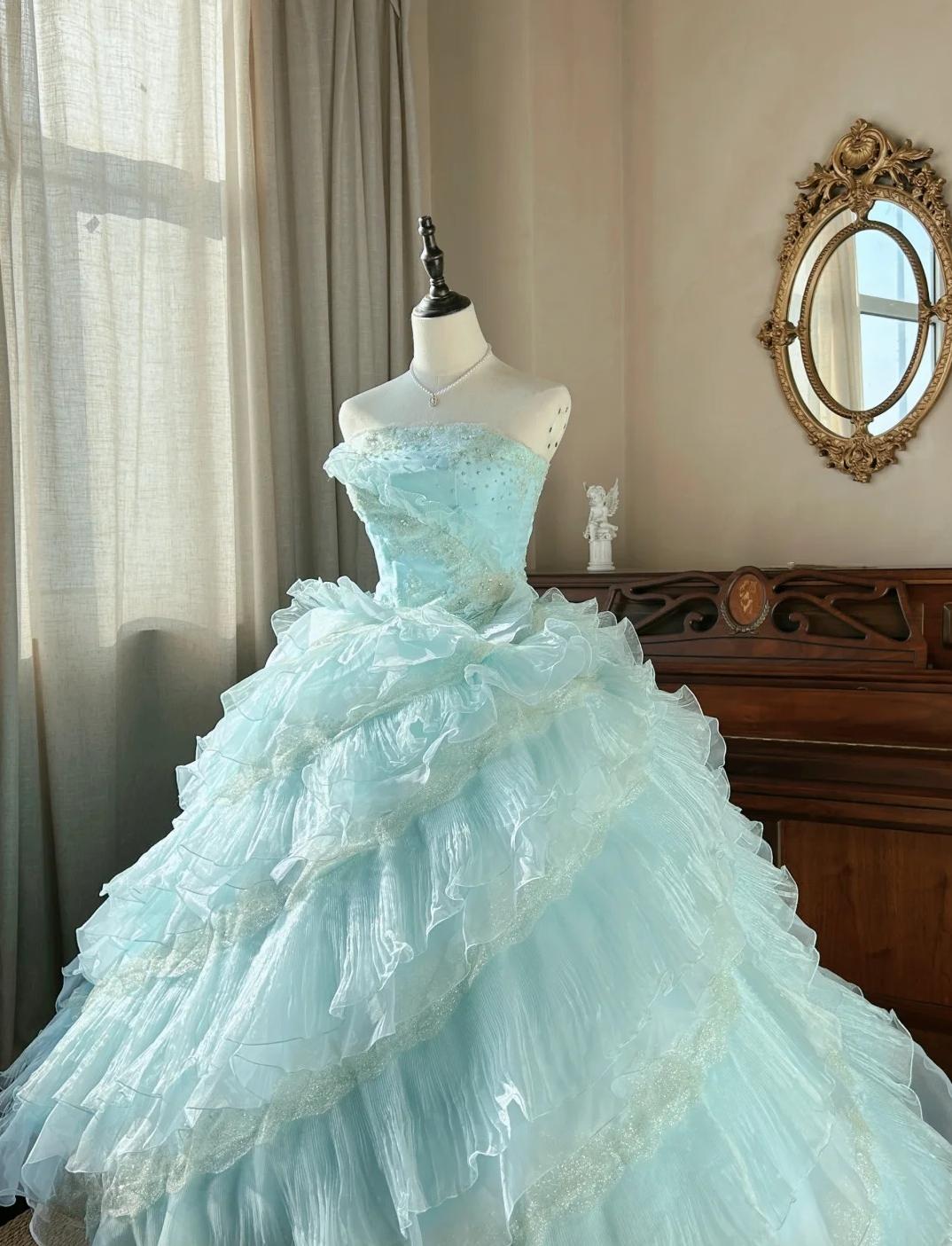 Robe de bal longue bleu ciel, coupe trapèze, sans bretelles, en tulle, perlée, à paillettes et à plusieurs niveaux, pour adulte, ED01684