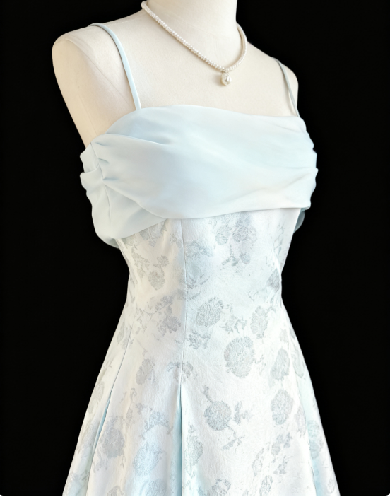 Gentle Blue A-Line Spaghetti Strap Satin Chiffon Long Prom Dress Birthday Dress Graduation Prom Dress ED01689