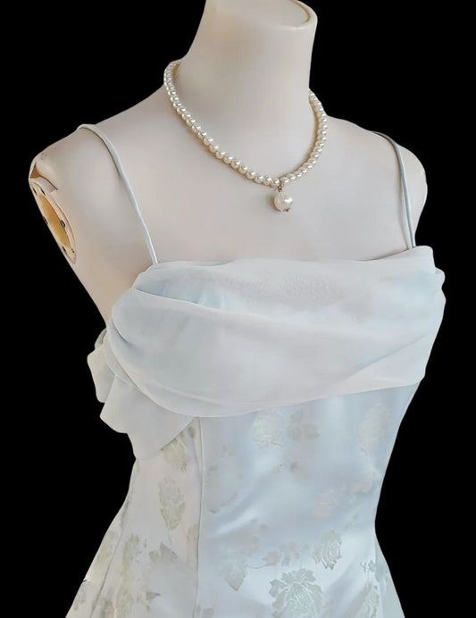 Zartes blaues A-Linie Spaghettiträger Satin Chiffon Langes Ballkleid Geburtstagskleid Abschlussballkleid ED01689