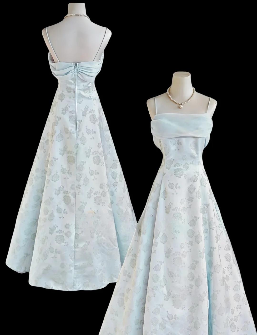 Robe de bal longue en satin bleu clair, coupe trapèze, bretelles spaghetti, en mousseline de soie, robe d'anniversaire, robe de remise de diplôme, ED01689