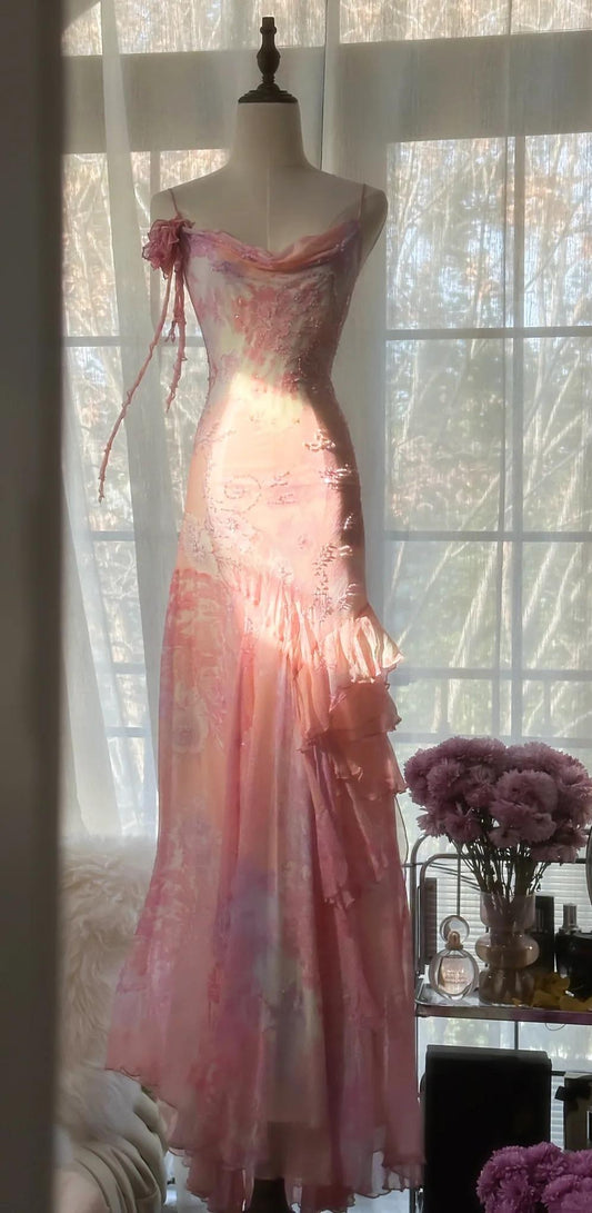 Fairytale Pink Mermaid Gown for Prom&Party-Vintage Spaghetti Strap Chiffon Beaded Backless Long Evening Dress