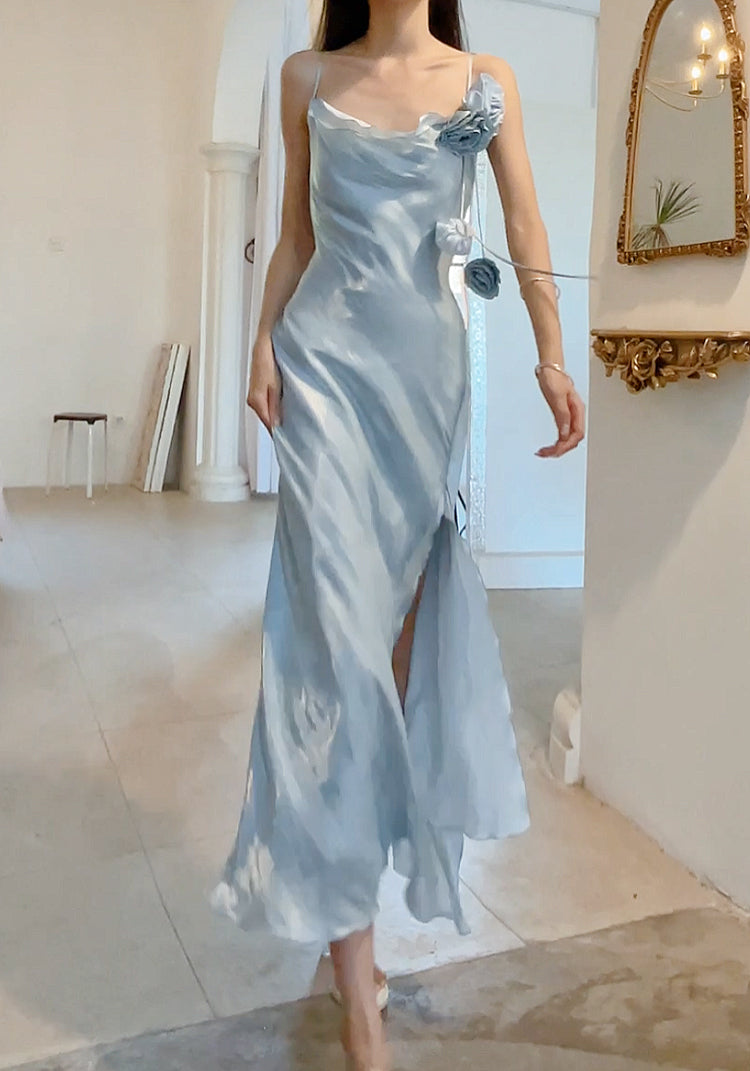 Gentle Blue Bodycon Dress Spaghetti Strap Chiffon Long Prom Dress Graduation Prom Dress ED01694