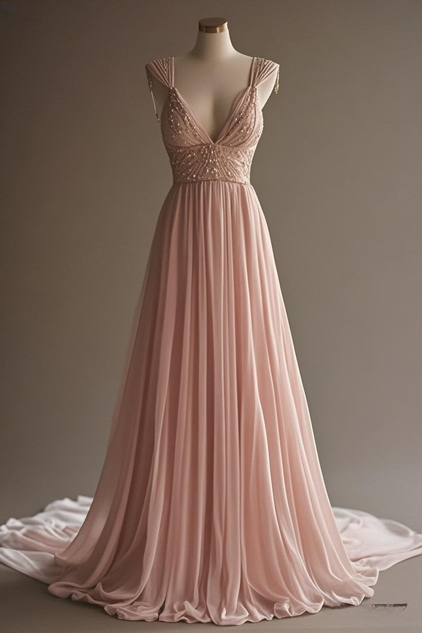 Cremefarbenes A-Linien-Ballkleid mit V-Ausschnitt und Perlen, Chiffon, langes Ballkleid, schlichtes Brautkleid, Brautjungfernkleid ED01696