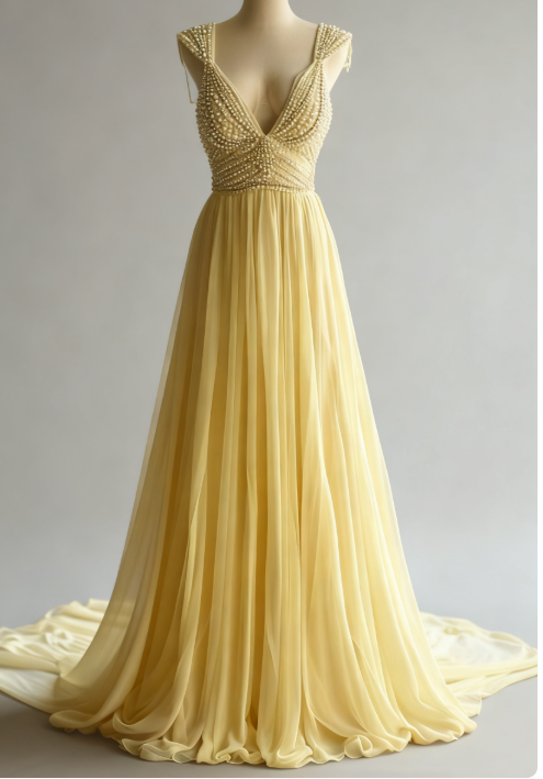 Off-White A-Line V-neck Chiffon Beaded Long Prom Dress Simple Wedding Dress Bridesmaid Dress ED01696