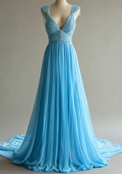 Off-White A-Line V-neck Chiffon Beaded Long Prom Dress Simple Wedding Dress Bridesmaid Dress ED01696