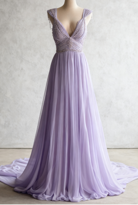 Off-White A-Line V-neck Chiffon Beaded Long Prom Dress Simple Wedding Dress Bridesmaid Dress ED01696