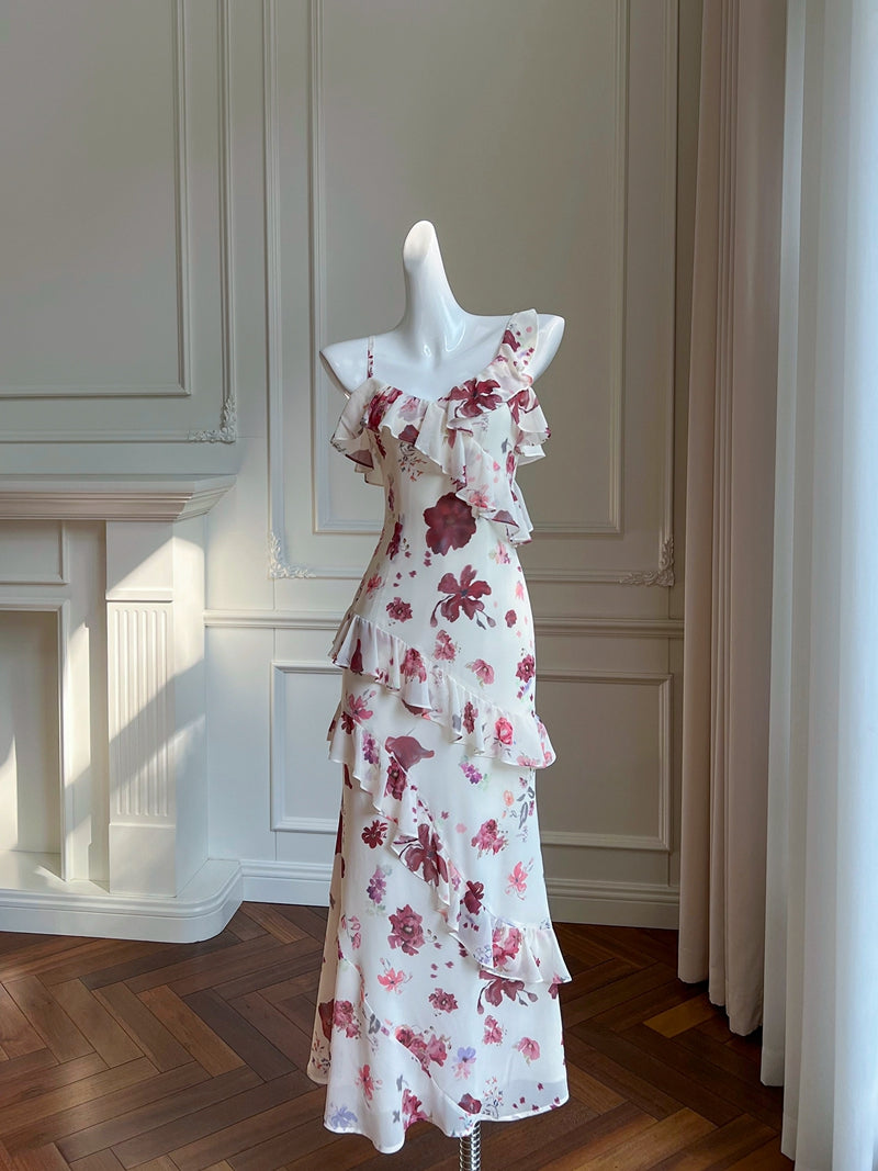 French ruffled halter dress with floral print ED01707 EvaFashionDress French ruffled halter dress with floral print ED01707 EvaFashionDress