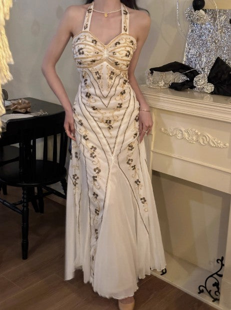 Meerjungfrau Neckholder Tüll Perlen Vintage Langes Ballkleid Geburtstagskleid ED01710