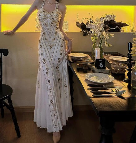 Meerjungfrau Neckholder Tüll Perlen Vintage Langes Ballkleid Geburtstagskleid ED01710