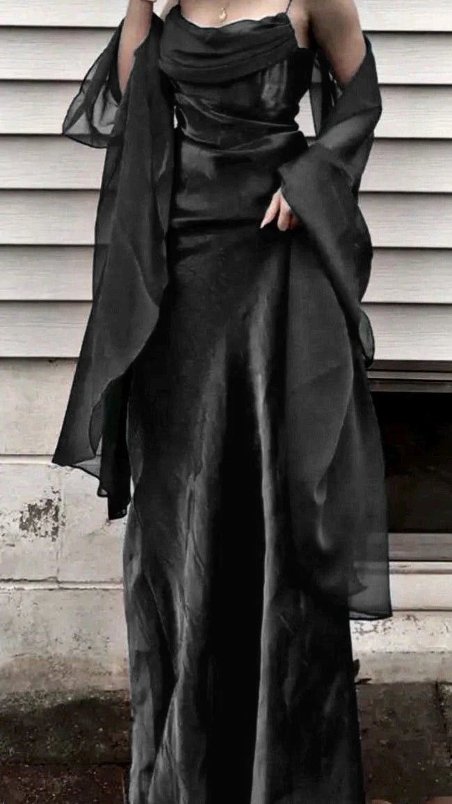 Vintage Dark Green Prom Dress Spaghetti Strap Chiffon Evening Gown with Shawl