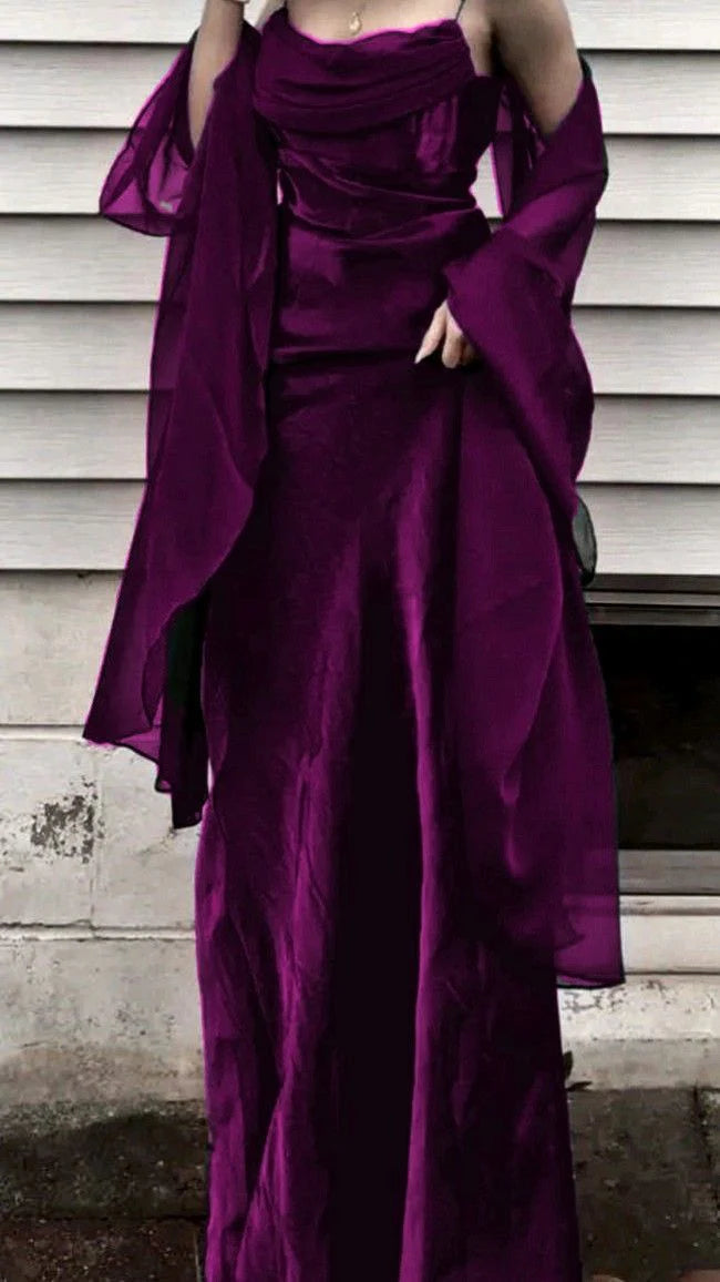 Vintage Dark Green Prom Dress Spaghetti Strap Chiffon Evening Gown with Shawl