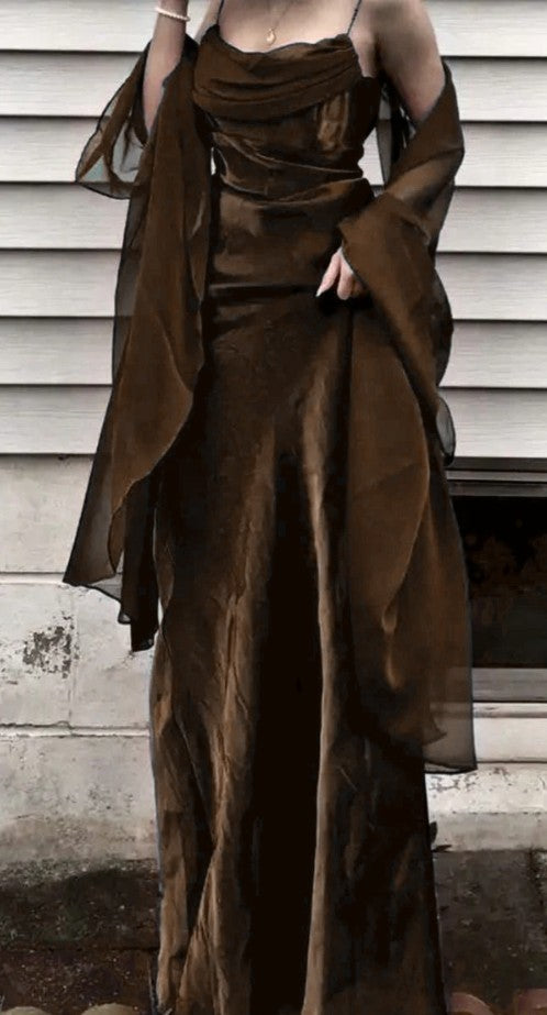 Vintage Dark Green Prom Dress Spaghetti Strap Chiffon Evening Gown with Shawl
