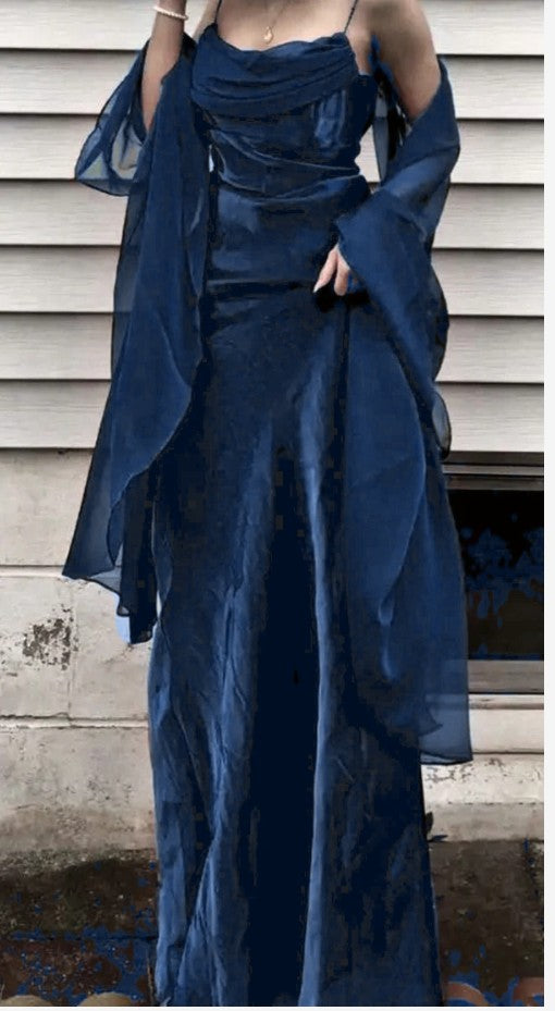 Vintage Dark Green Prom Dress Spaghetti Strap Chiffon Evening Gown with Shawl