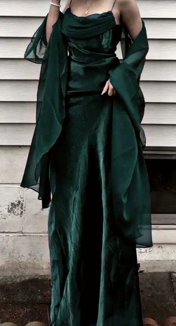Vintage Dark Green Prom Dress Spaghetti Strap Chiffon Evening Gown with Shawl