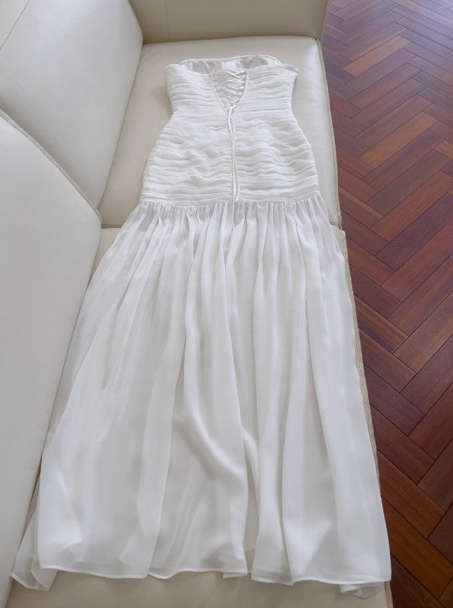 White Bodycon Dress Strapless Chiffon Long Prom Dress Simple Evening Dress ED01714
