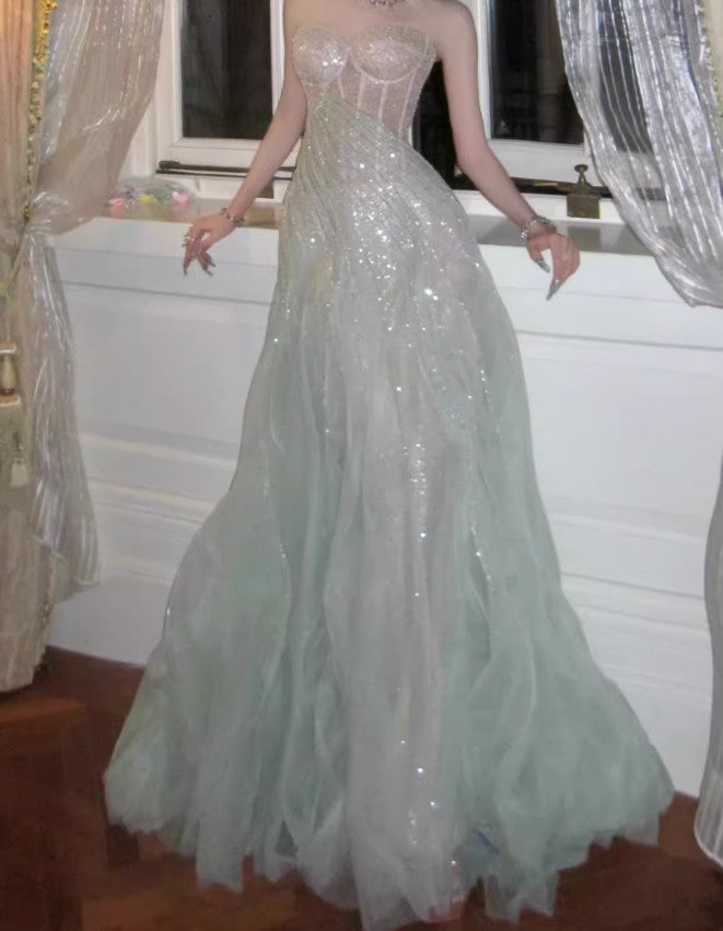 Gentle A-Line Sequined Tulle Strapless Long Prom Dress Adult Ceremony Prom Dress ED01716